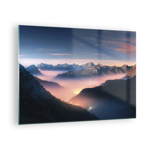 Tablou pe sticlă - Peisaj montan la apus cu ceață în vale - 70x50cm - Lumină în văi - Decorațiune modernă pentru perete pentru living și dormitor ARTTOR