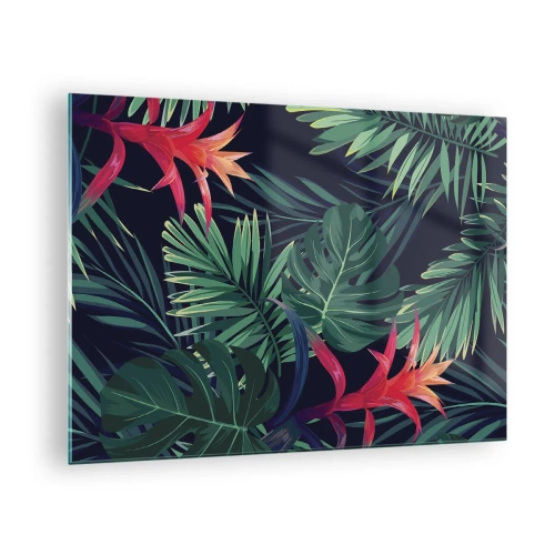 Tablou pe sticlă - Frunze și flori exotice pe un fundal întunecat - 70x50cm - Flacăra verde - Decorațiune modernă pentru perete pentru living și dormitor ARTTOR
