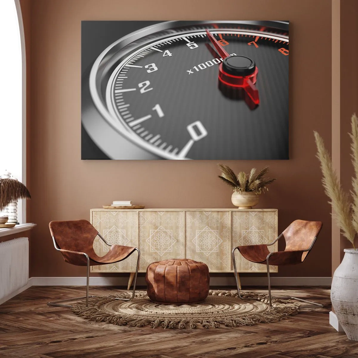 Tablou pe pânză Canvas - Prim-plan al tahometrului cu acul roșu - 70x50cm - Bag-o în viteză! - Decorațiune modernă pentru perete pentru living și dormitor ARTTOR
