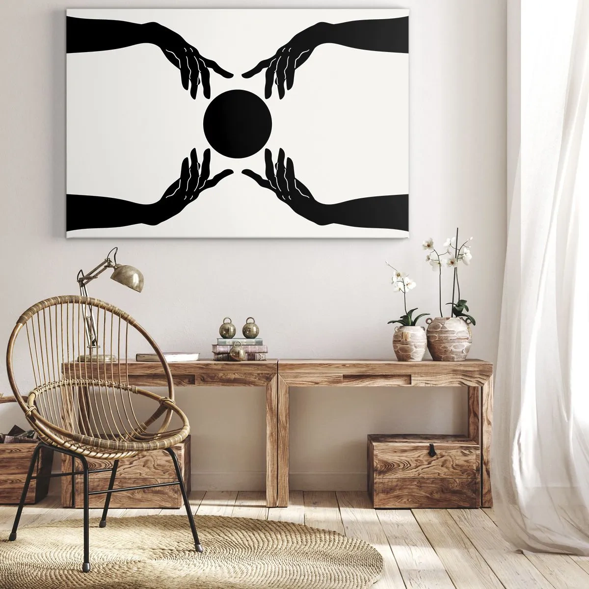 Tablou pe pânză Canvas - Mâini negre într-o compoziție simetrică cu o minge - 70x50cm - Semnul secret - Decorațiune modernă pentru perete pentru living și dormitor ARTTOR