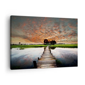 Tablou pe pânză Canvas - Pod de lemn peste apă la apus - 70x50cm - Întindeți brațele - respirați  - Decorațiune modernă pentru perete pentru living și dormitor ARTTOR