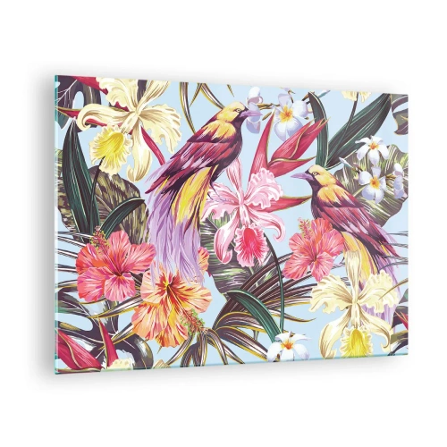 Tablou pe sticlă - Păsări și flori exotice pe un fundal deschis - 70x50cm - Petale și pene - Decorațiune modernă pentru perete pentru living și dormitor ARTTOR