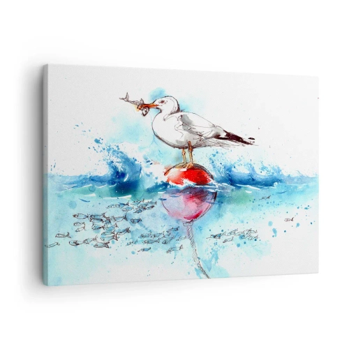 Tablou pe pânză Canvas - Pescăruș pe o geamandură cu pește în fundal, în stil acuarelă - 70x50cm - Pescuit de succes - Decorațiune modernă pentru perete pentru living și dormitor ARTTOR