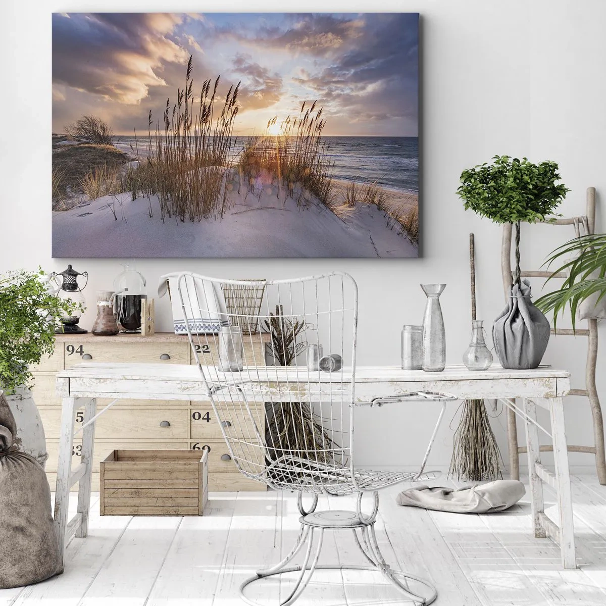 Tablou pe pânză Canvas - Dune cu ierburi pe fundalul soarelui care apune - 70x50cm - Adio soare și vânt - Decorațiune modernă pentru perete pentru living și dormitor ARTTOR