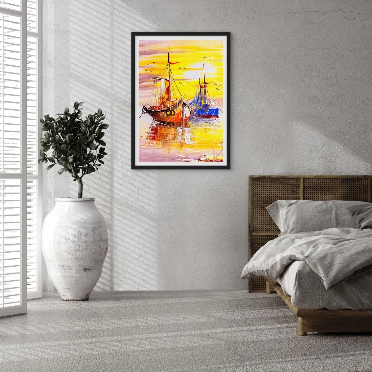 Poster în ramă neagră - Bărci cu pânze colorate la apus - 50x70cm - O binemeritată odihnă în port - Decorațiune modernă pentru perete pentru living și dormitor ARTTOR