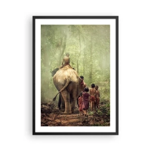 Poster în ramă neagră - Copii și un elefant în pădurea tropicală - 50x70cm - Noua Carte a Junglei - Decorațiune modernă pentru perete pentru living și dormitor ARTTOR
