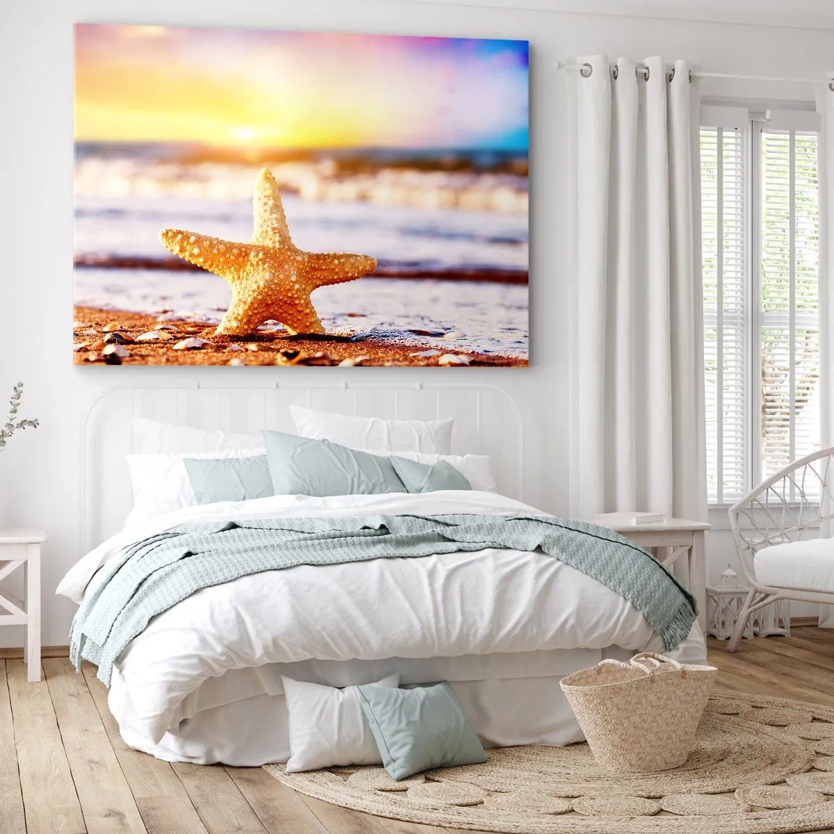Tablou pe pânză Canvas - O stea de mare pe o plajă nisipoasă în strălucirea soarelui care apune - 70x50cm - Cadou maritim - Decorațiune modernă pentru perete pentru living și dormitor ARTTOR