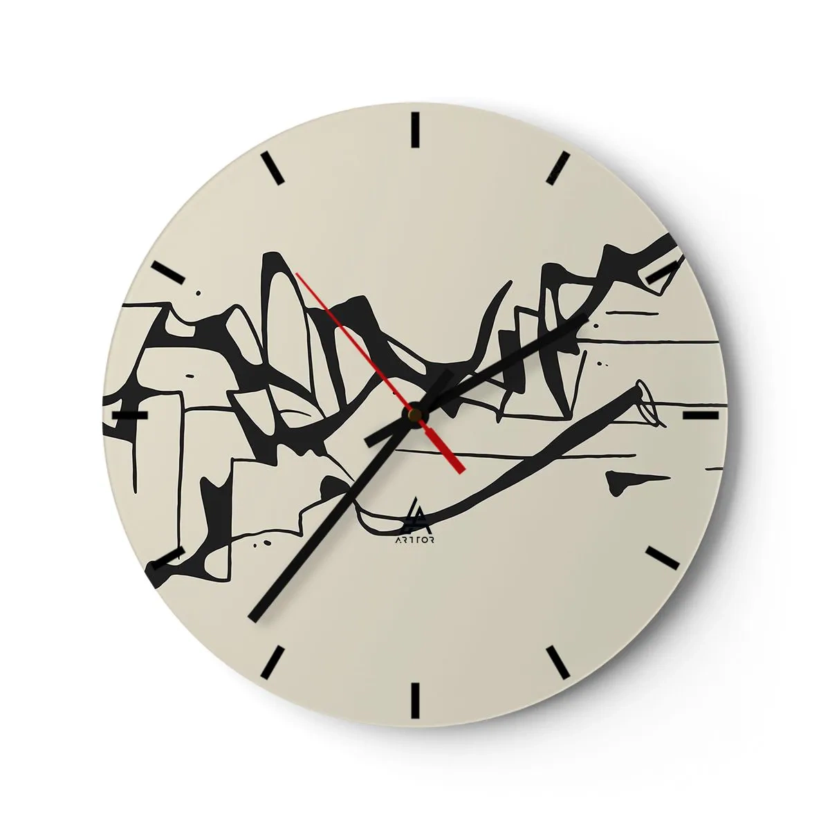 Ceas de perete - Ceas pe sticlă - Linii negre abstracte pe un fundal crem care seamănă cu un peisaj. - 30x30cm - Poate că peisajul - Decorațiune modernă pentru perete pentru living, bucătărie și dormitor ARTTOR
