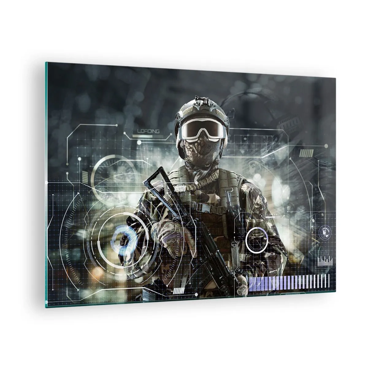 Tablou pe sticlă - Un soldat în echipament tactic pe fundalul unei interfețe futuriste. - 70x50cm - Putere la putere - Decorațiune modernă pentru perete pentru living și dormitor ARTTOR