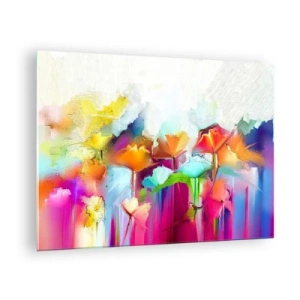 Tablou pe sticlă - Flori abstracte în culori intense ale curcubeului - 70x50cm - Curcubeul înflorit - Decorațiune modernă pentru perete pentru living și dormitor ARTTOR