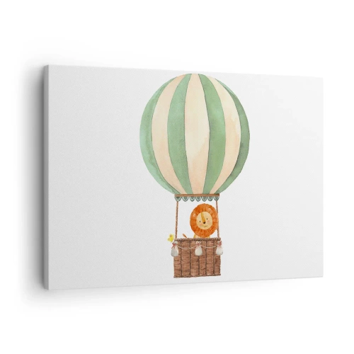 Tablou pe pânză Canvas - Un balon cu un leu zâmbitor într-un coș în culori pastelate - 70x50cm - Călătoriile lui Leon - Decorațiune modernă pentru perete pentru living și dormitor ARTTOR