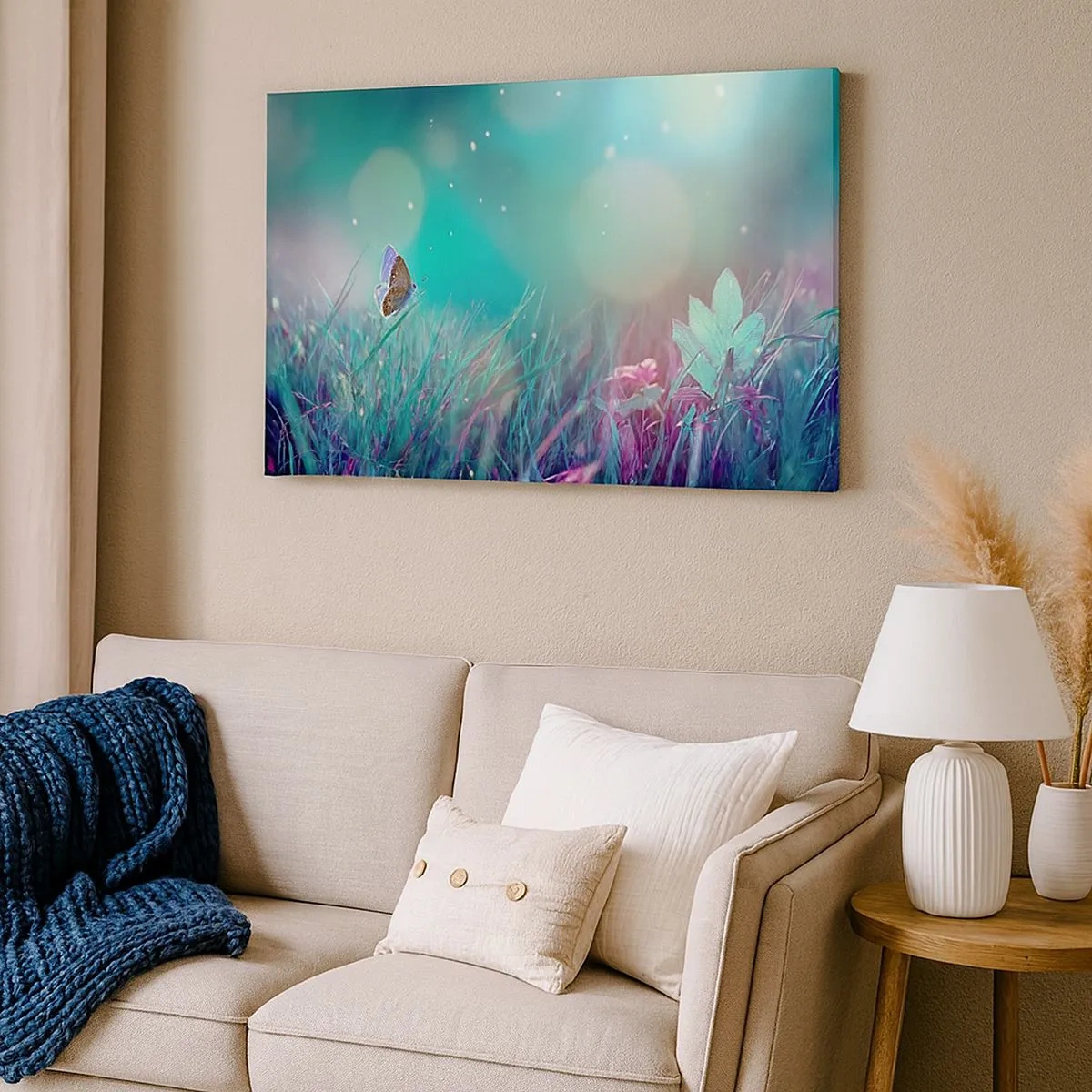 Tablou pe pânză Canvas - Un fluture pe iarbă în lumina reflexiilor neclare - 70x50cm - Viața secretă a luncii - Decorațiune modernă pentru perete pentru living și dormitor ARTTOR