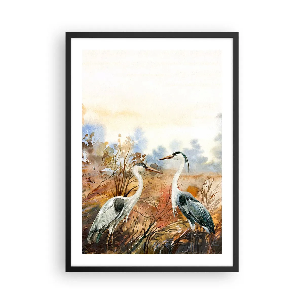 Poster în ramă neagră - Macarale pe fundalul unui peisaj de toamnă în acuarelă - 50x70cm - Încotro în toamnă? - Decorațiune modernă pentru perete pentru living și dormitor ARTTOR