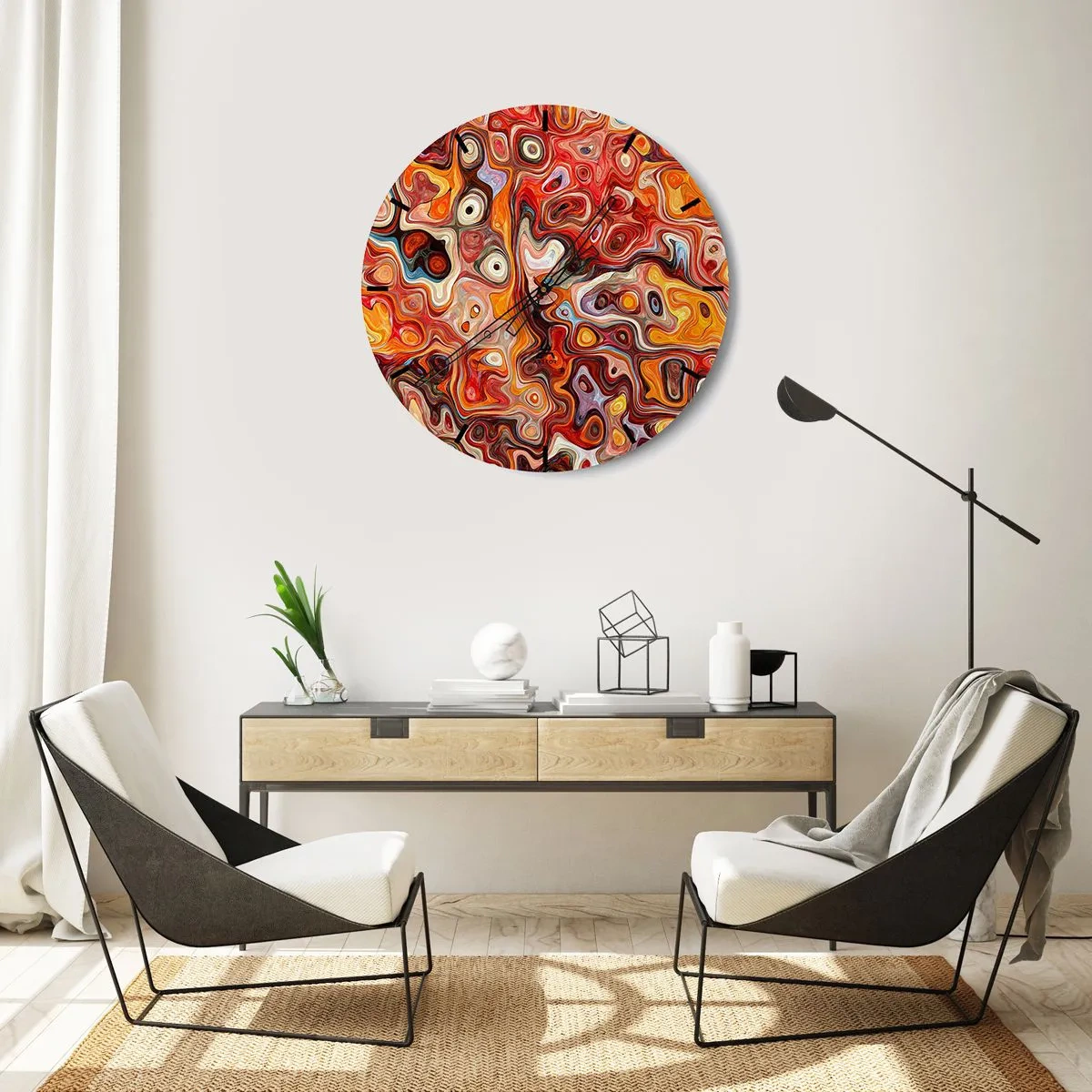 Ceas de perete - Ceas pe sticlă - Model abstract în nuanțe de roșu, portocaliu și galben - 30x30cm - Dacă nucile s-au topit în miere - Decorațiune modernă pentru perete pentru living, bucătărie și dormitor ARTTOR