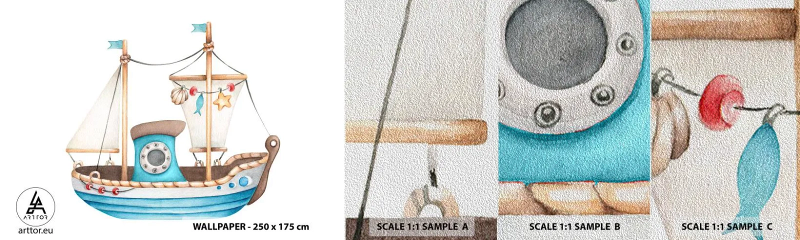 Mostră tapet Premium Sand - Ahoy aventura! - Navă, Pentru copii, Nautic - 100x30 cm