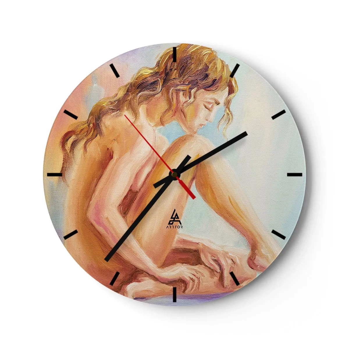 Ceas de perete - Ceas pe sticlă - Portret artistic al unei femei așezate - 30x30cm - Gest de tinerețe - Decorațiune modernă pentru perete pentru living, bucătărie și dormitor ARTTOR