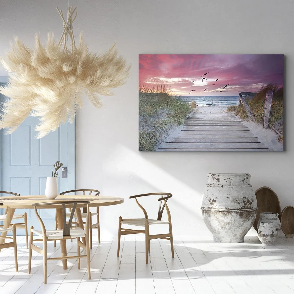 Tablou pe pânză Canvas - Cale de lemn pe plajă la apusul roz - 70x50cm - Impresie baltică - Decorațiune modernă pentru perete pentru living și dormitor ARTTOR