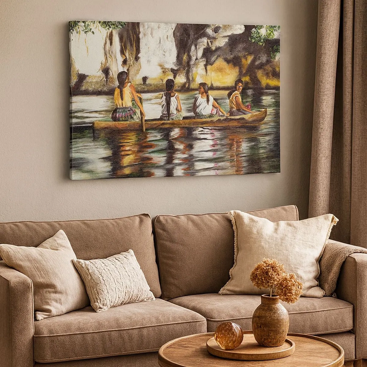 Tablou pe pânză Canvas - Femei într-o barcă pe un râu calm, cu un fundal pitoresc - 70x50cm - Într-un paradis polinezian - Decorațiune modernă pentru perete pentru living și dormitor ARTTOR