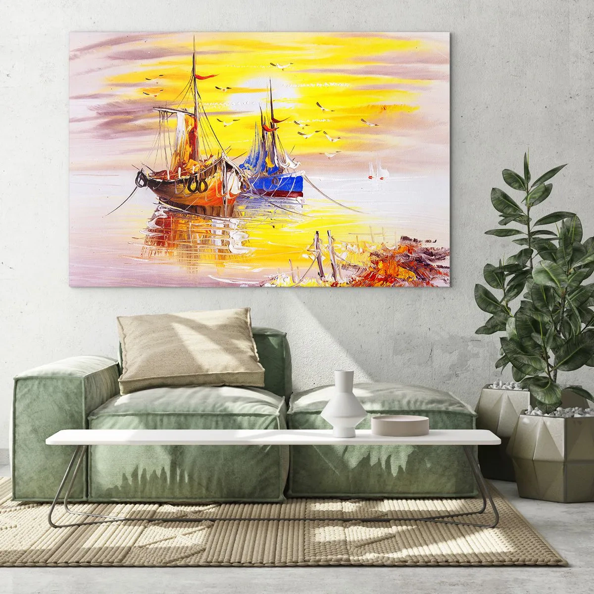 Tablou pe sticlă - Bărci de pescuit la apus pe ape calme - 70x50cm - O binemeritată odihnă în port - Decorațiune modernă pentru perete pentru living și dormitor ARTTOR
