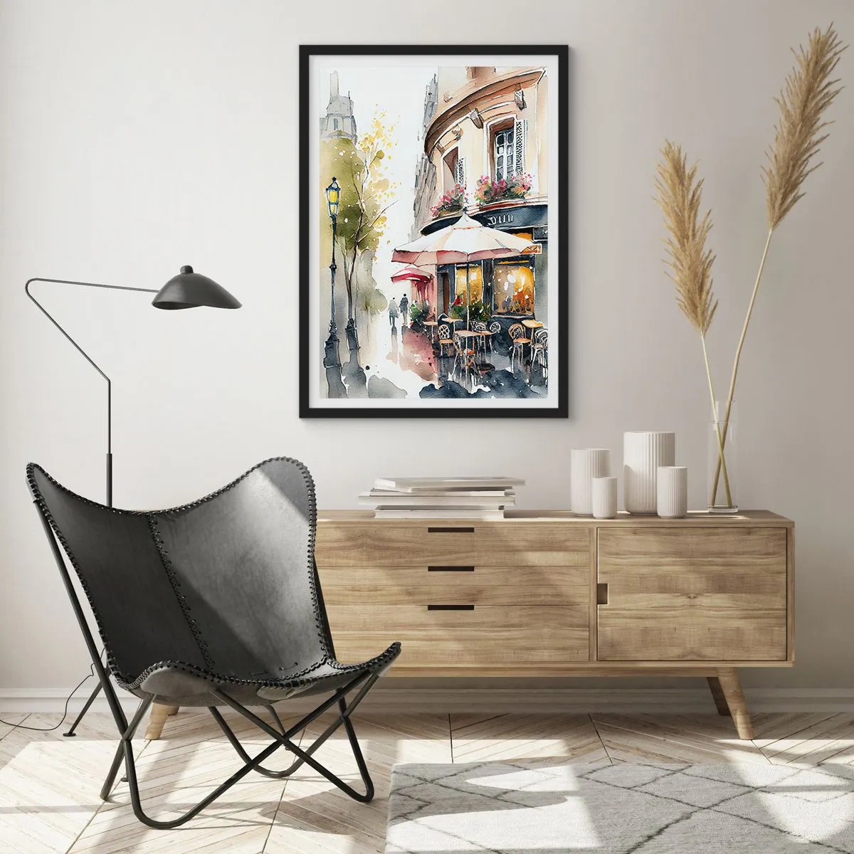 Poster în ramă neagră - O cafenea pe o stradă pitorească în stil european - 50x70cm - Dimineață pariziană - Decorațiune modernă pentru perete pentru living și dormitor ARTTOR