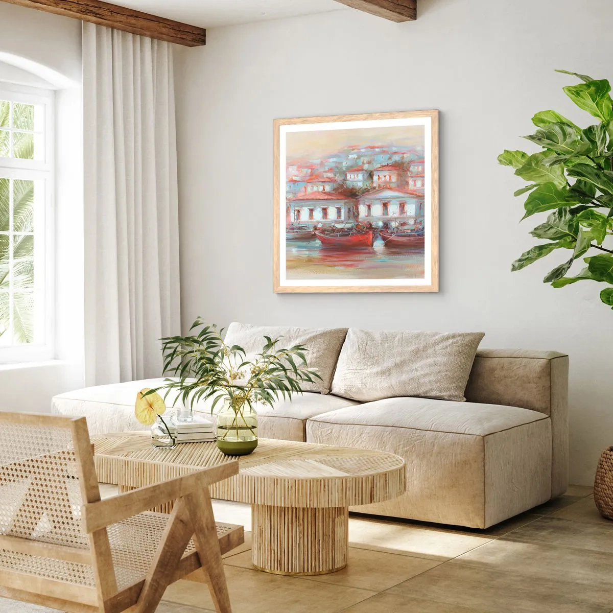 Poster în ramă de stejar deschis - Orășel fericit - 50x50 cm