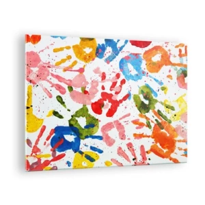 Tablou pe sticlă - Amprente colorate pe un fundal alb - 70x50cm - Du-te după urmele - Decorațiune modernă pentru perete pentru living și dormitor ARTTOR