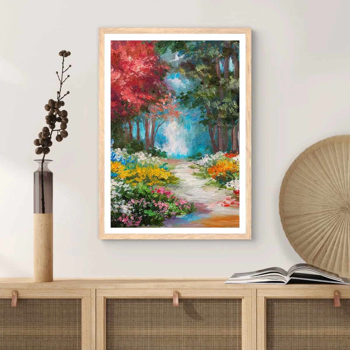 Poster în ramă de stejar deschis - Grădină de pădure, pădure de flori - 50x70 cm