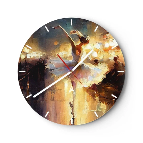 Ceas de perete - Ceas pe sticlă - O dansatoare într-o rochie albă surprinsă într-o mișcare dinamică - 30x30cm - Un miracol în stradă - Decorațiune modernă pentru perete pentru living, bucătărie și dormitor ARTTOR