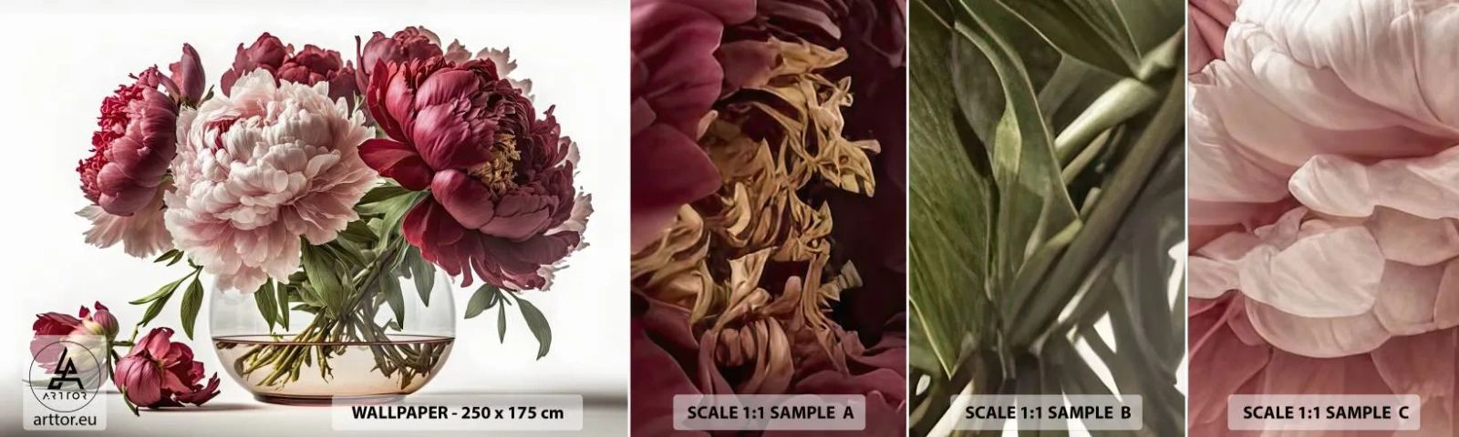 Mostră de Tapet Standard Eco - În plină înflorire - Buchet de flori, Vază, Bujori - 100x30 cm