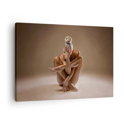 Tablou pe pânză Canvas - Siluetă artistică a unei femei pe un fundal bej - 70x50cm - Unitatea trupului și a spiritului - Decorațiune modernă pentru perete pentru living și dormitor ARTTOR