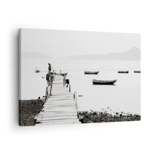 Tablou pe pânză Canvas - dig de lemn și bărci pe ape calme - 70x50cm - Peste apă liniștită și limpede - Decorațiune modernă pentru perete pentru living și dormitor ARTTOR