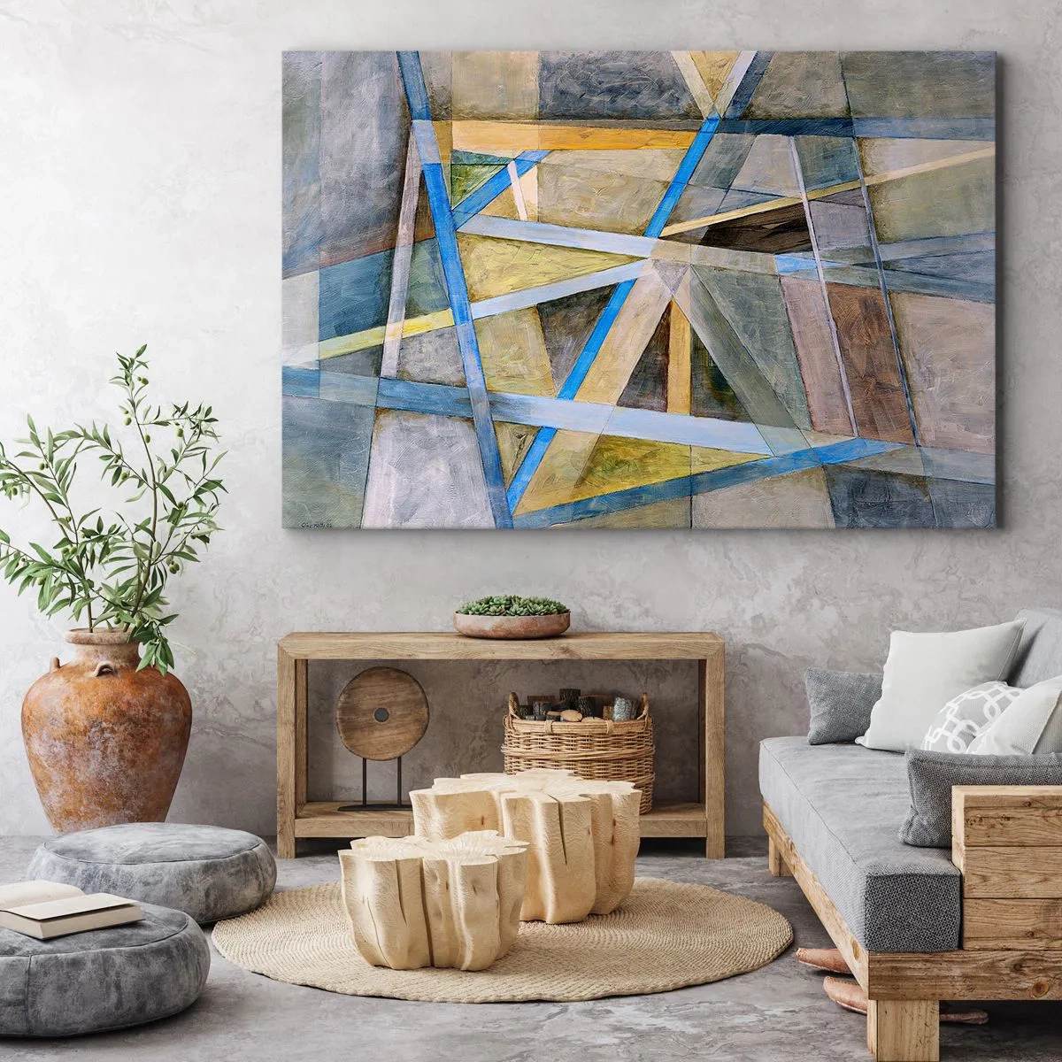 Tablou pe pânză Canvas - Compoziție geometrică cu linii deschise și albastre - 70x50cm - Drept sau de-a curmezișul? - Decorațiune modernă pentru perete pentru living și dormitor ARTTOR