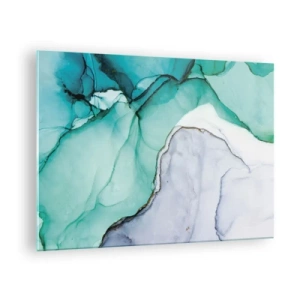 Tablou pe sticlă - pictură abstractă în nuanțe de turcoaz și alb, cu crăpături delicate. - 70x50cm - Studiu în turcoaz - Decorațiune modernă pentru perete pentru living și dormitor ARTTOR