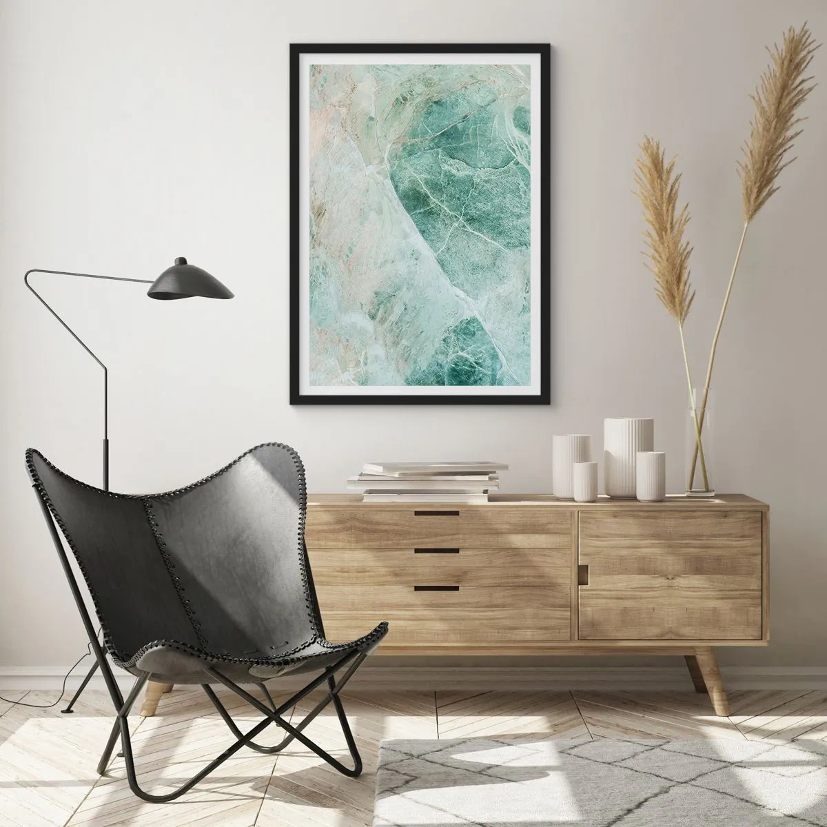 Poster în ramă neagră - Structură din marmură verde cu vene albe delicate - 50x70cm - Răcoarea nobilă a pietrei - Decorațiune modernă pentru perete pentru living și dormitor ARTTOR