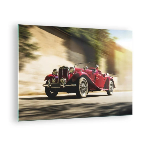 Tablou pe sticlă - Cabriolet roșu clasic în mișcare pe fundalul străzii și peisajului neclar - 70x50cm - Mai frumoasă decât Nike din Samothrace - Decorațiune modernă pentru perete pentru living și dormitor ARTTOR