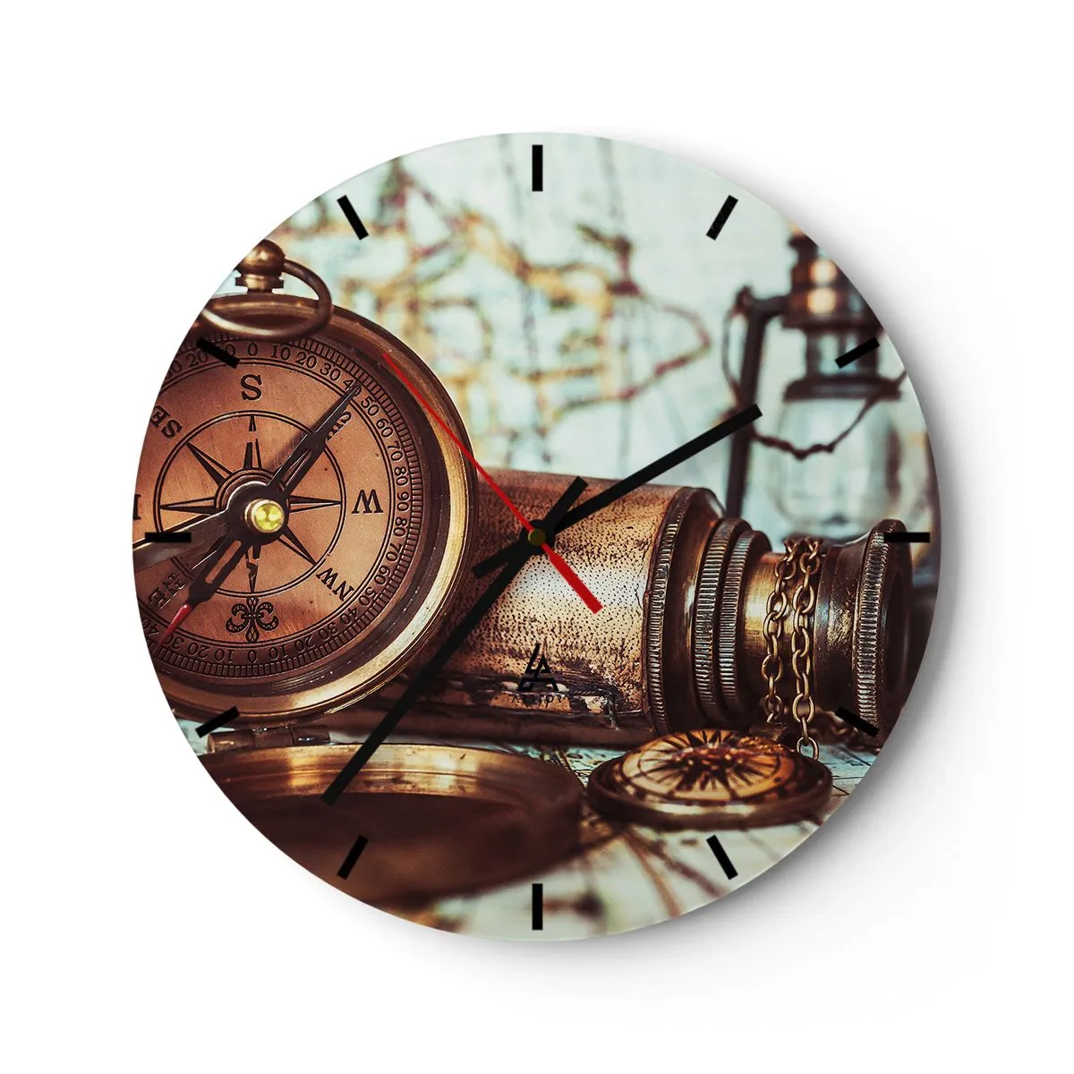 Ceas de perete - Ceas pe sticlă - Busolă și telescop vintage - 30x30cm - Te așteaptă o aventură cu pirați în Caraibe - Decorațiune modernă pentru perete pentru living, bucătărie și dormitor ARTTOR