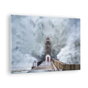 Tablou pe sticlă - Un far este lovit de un val puternic. - 70x50cm - Zgomotul apelor, sunetul vântului - Decorațiune modernă pentru perete pentru living și dormitor ARTTOR