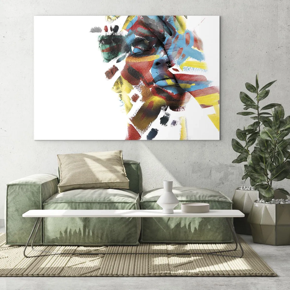 Tablou pe sticlă - Portret cu accente abstracte și colorate pe față - 70x50cm - Personalitate colorată - Decorațiune modernă pentru perete pentru living și dormitor ARTTOR