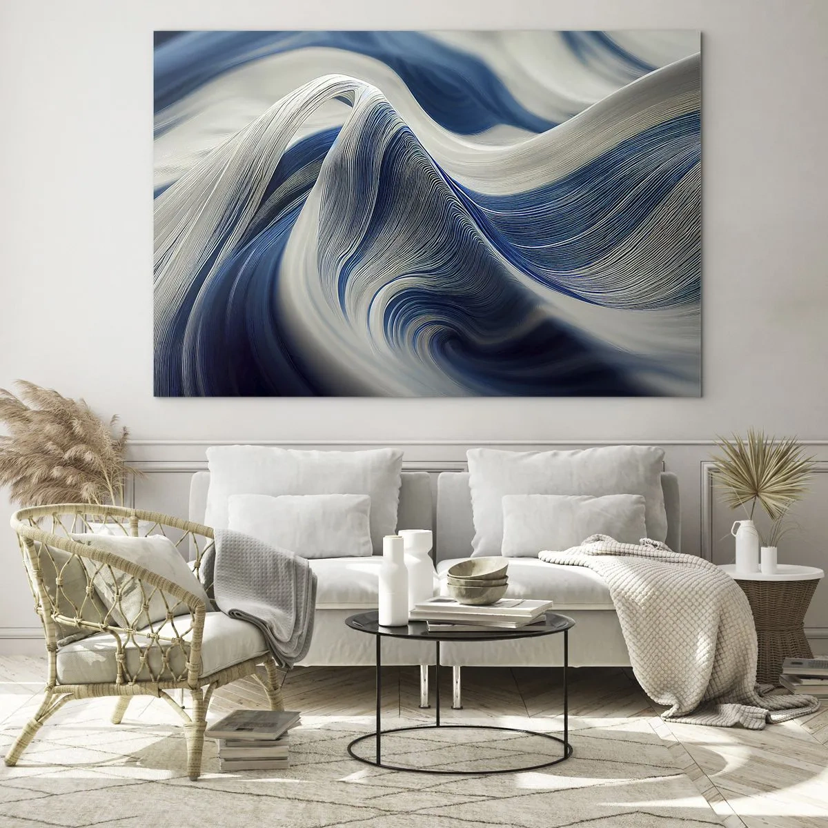Tablou pe sticlă - Abstracție dinamică în nuanțe de albastru și alb - 70x50cm - Fluiditate de albastru și alb - Decorațiune modernă pentru perete pentru living și dormitor ARTTOR