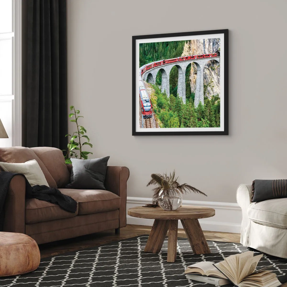 Poster în ramă neagră - Cu trenul prin munți - 40x40 cm