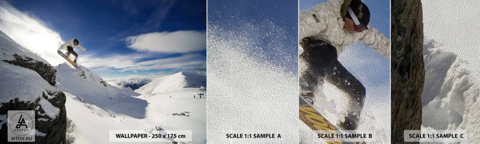 Mostră tapet Premium Sand - Libertate fără frontiere - Snowboarding, Peisaj, Munţi - 100x30 cm