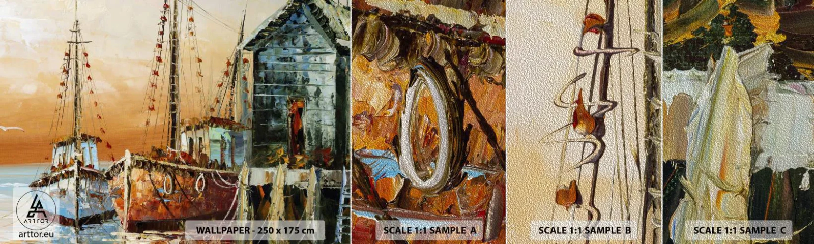 Mostră tapet Premium Sand - Întoarcere pașnică - Barca de pescuit, Port de pescuit, Bucată - 100x30 cm