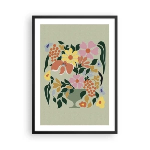 Poster în ramă neagră - Un aranjament floral colorat într-o vază decorativă pe un fundal verde - 50x70cm - Buchet plin de viață - Decorațiune modernă pentru perete pentru living și dormitor ARTTOR