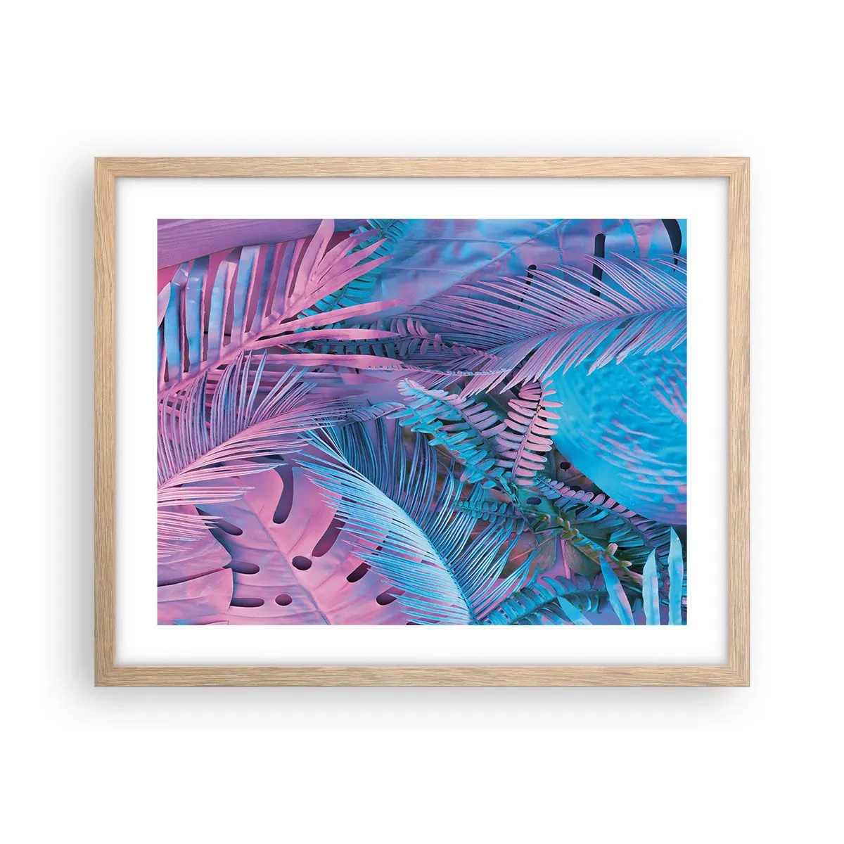 Poster în ramă de stejar deschis - Palmieri în alb și albastru - 50x40 cm