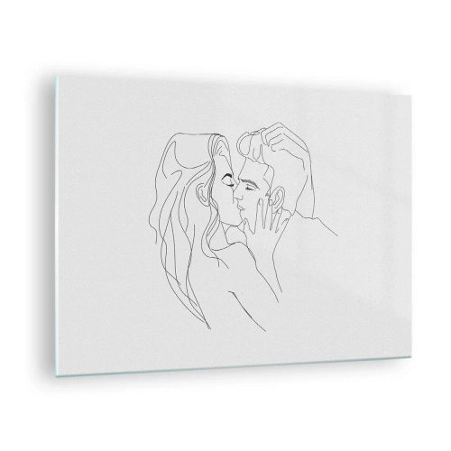 Tablou pe sticlă - Un desen minimalist al unui cuplu într-un sărut romantic - 70x50cm - Cu aceeași linie - Decorațiune modernă pentru perete pentru living și dormitor ARTTOR