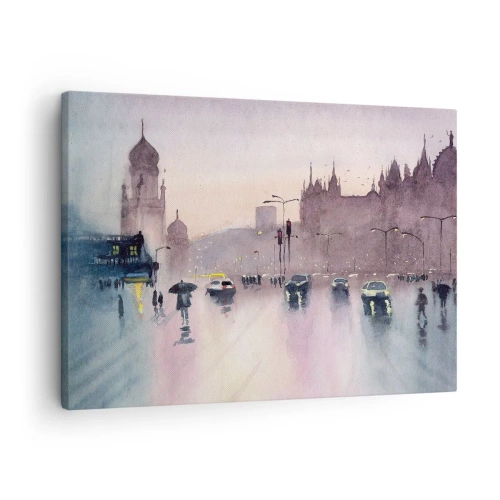 Tablou pe pânză Canvas - O stradă a orașului la amurg, în stil acuarelă - 70x50cm - Într-o ceață ploioasă - Decorațiune modernă pentru perete pentru living și dormitor ARTTOR