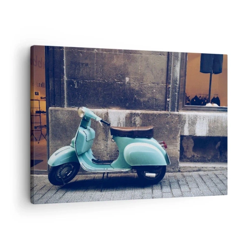 Tablou pe pânză Canvas - Un scuter retro parcat lângă un zid de piatră - 70x50cm - Atmosferă de neuitat - Decorațiune modernă pentru perete pentru living și dormitor ARTTOR