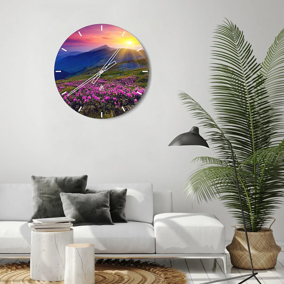 Ceas de perete - Ceas pe sticlă - Peisaj montan la apus cu flori înflorite - 30x30cm - ... Și peste tot în jur se simte un miros de jneapăn și parfum de ierburi... - Decorațiune modernă pentru perete pentru living, bucătărie și dormitor ARTTOR