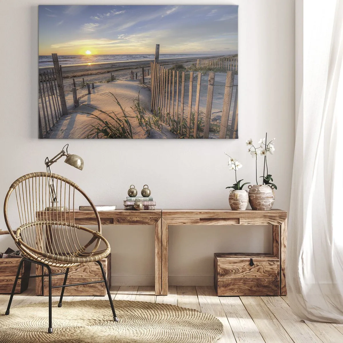 Tablou pe pânză Canvas - Plajă apus de soare cu gard de lemn - 70x50cm - Strălucirea și umbra vântului - Decorațiune modernă pentru perete pentru living și dormitor ARTTOR