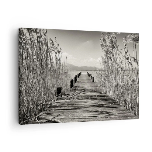 Tablou pe pânză Canvas - Un debarcader din lemn printre ierburi înalte deasupra unui lac în tonuri sepia - 70x50cm - În intimitatea ierburilor - Decorațiune modernă pentru perete pentru living și dormitor ARTTOR